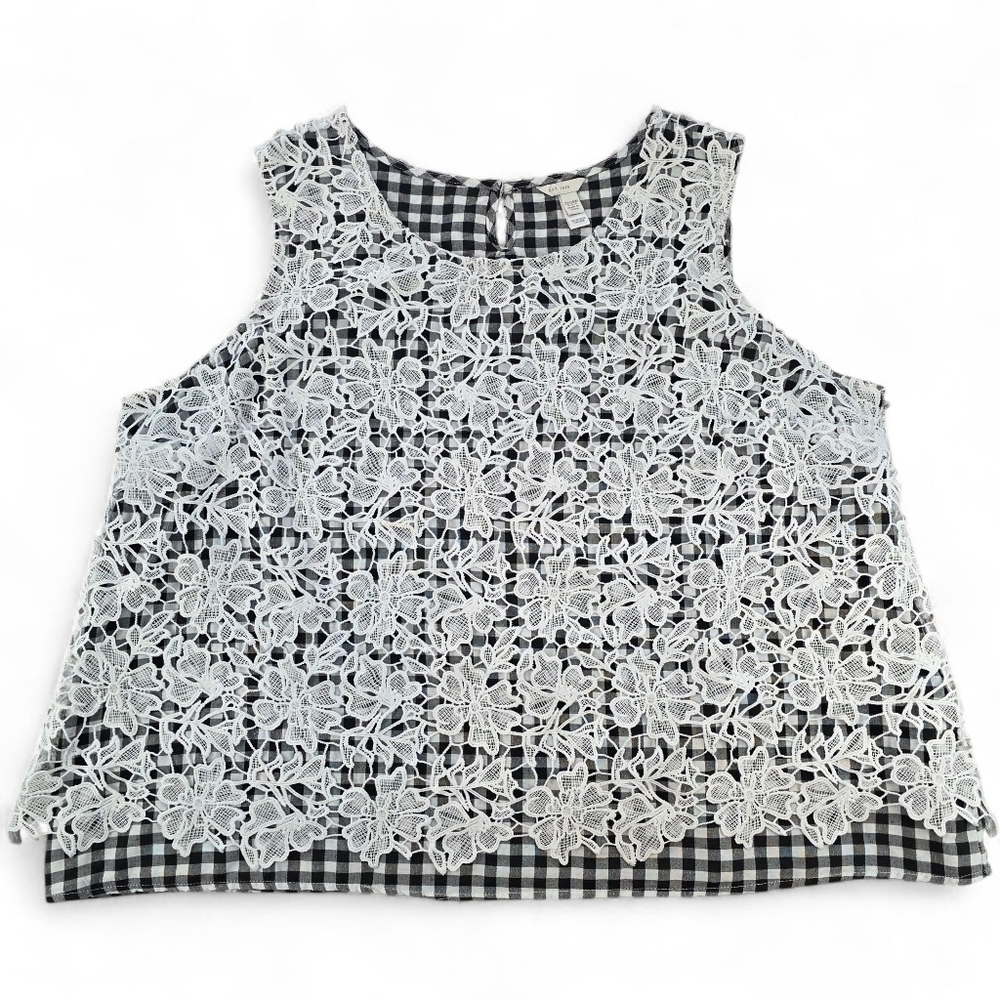 Gingham Lace Tank 22/24W Black White Floral Overlay Sleeveless Blouse Summer